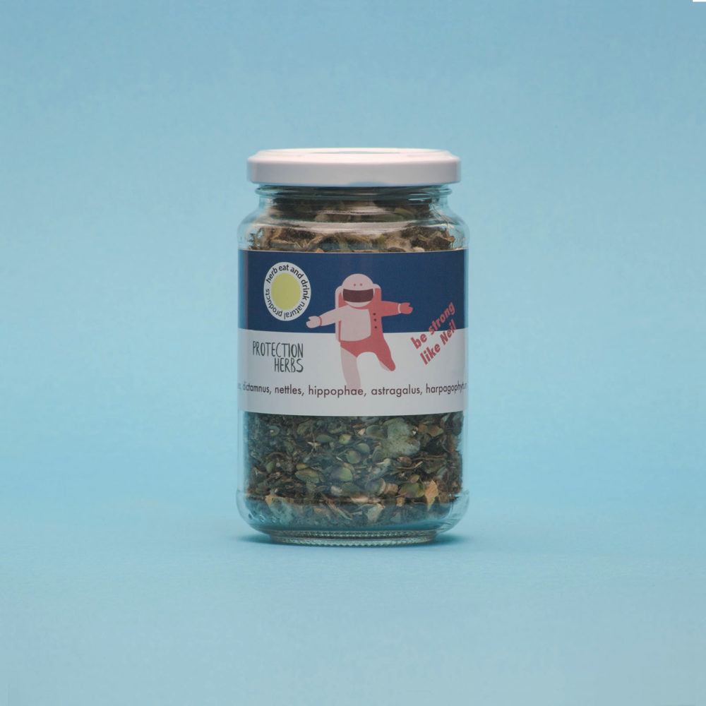 protection herbs mix in a glass jar