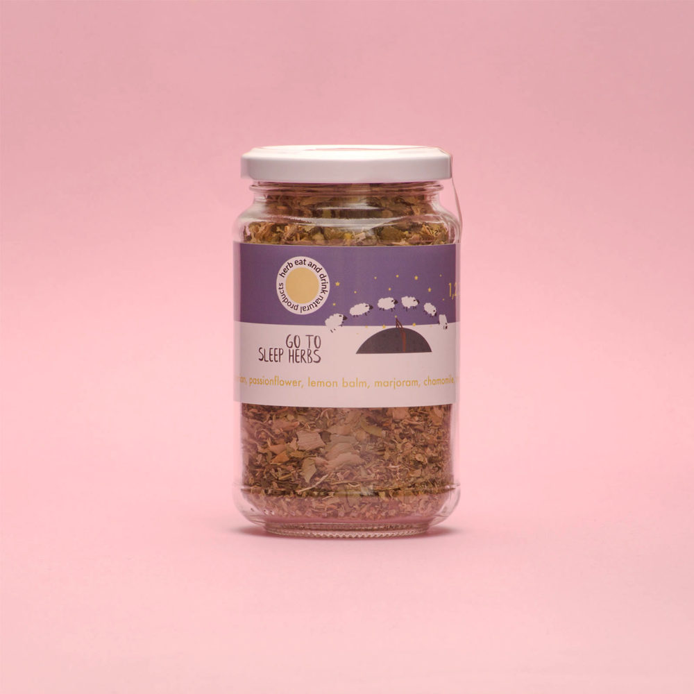 go to sleep herbs tea in a glass jar
