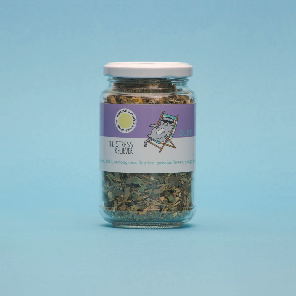 the stress reliever herbal tea in a glass jar